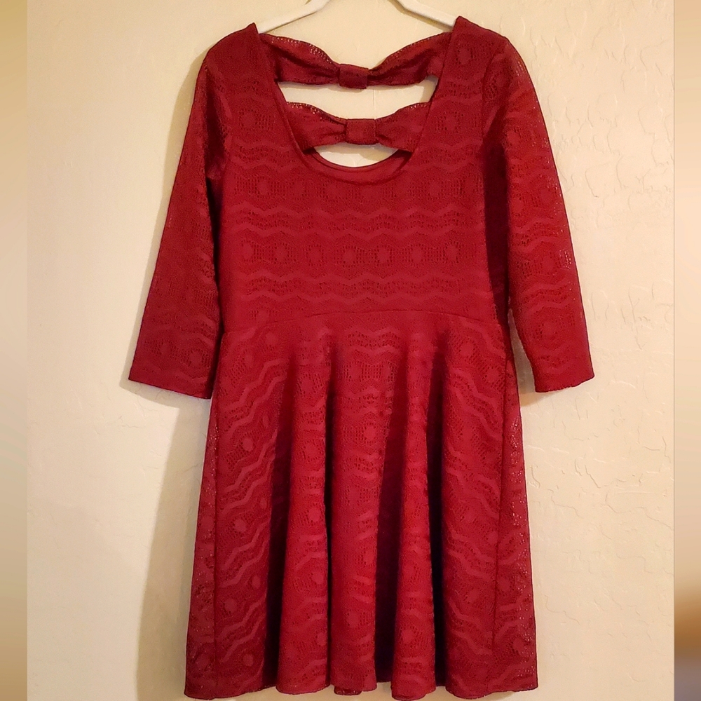 Xhilaration Womens Skater Dress Burgundy Red Lace Keyhole Bow 3/4 Sleeve M